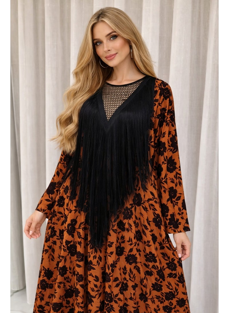 Women’s Floral Printed Jalabiya with Black Fringe Detail-Ramadan Collection - Image 1